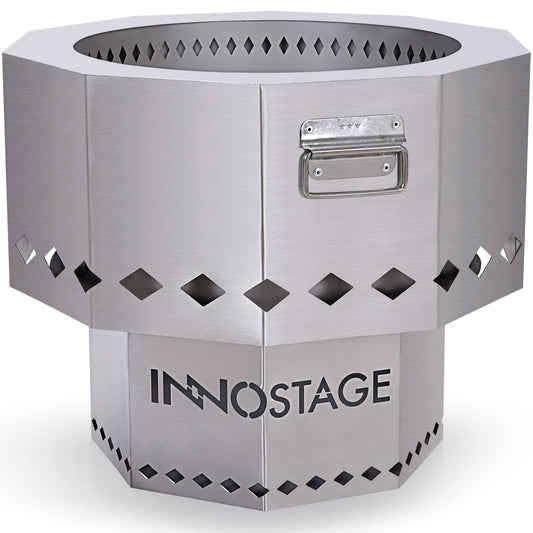 INNO STAGE Stainless Fire Pit with Portable Carrying Storage Bag, Patented Smoke- Firepit Bowl for Wood Pellet with Stand for Outdoor Campfire Flame or Bonfire BBQ on Patio Garden Backyard - M