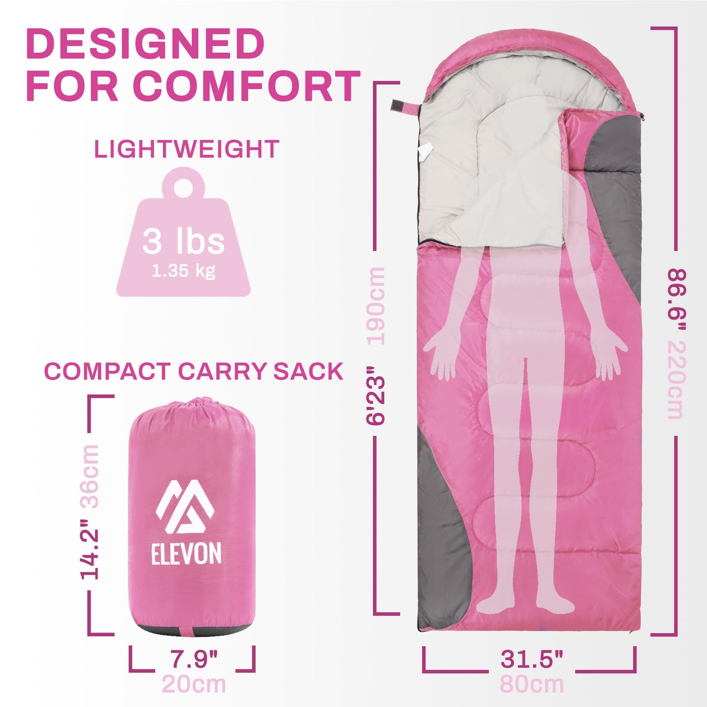 Elevon Sleeping Bag for Adults Teens Kids Cold Warm Weather, Portable Waterproof & Lightweight, Pink