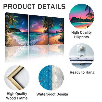 weiyiart Beach Sunset Wall Art Ocean Print Art Tropical Canvas Wall Decor 3 Panels Northern Lights Aurora Polaris Nature Landscape Painting for Modern Bathroom Living Room Bedroom Office 12"x16"x3pcs