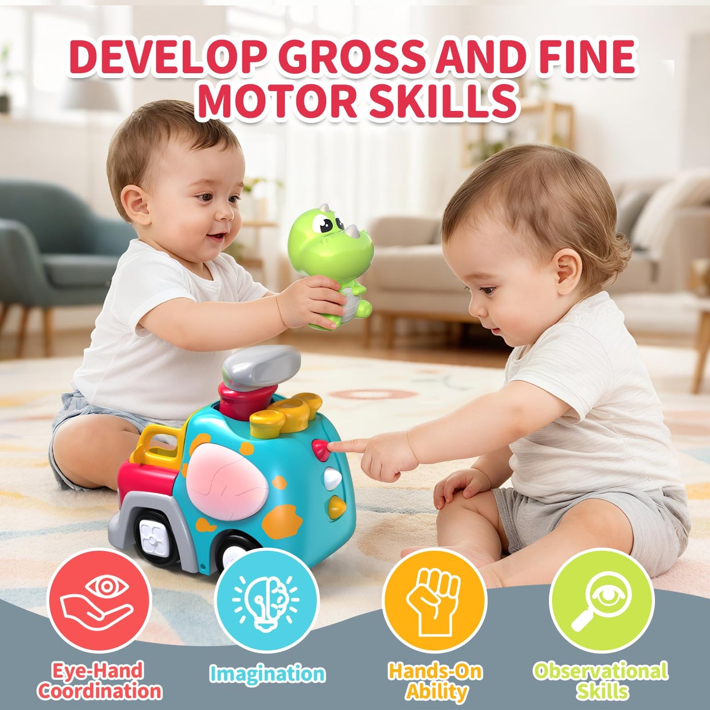 P&C Dinosaur Truck Toys for 1 2 3 Year Old Boys Girls, 18-36 Months Baby Toy with Music & Lights, Montessori Learning Toy for Crawling Walking, Educational Push Car for Toddlers, Birthday Gift