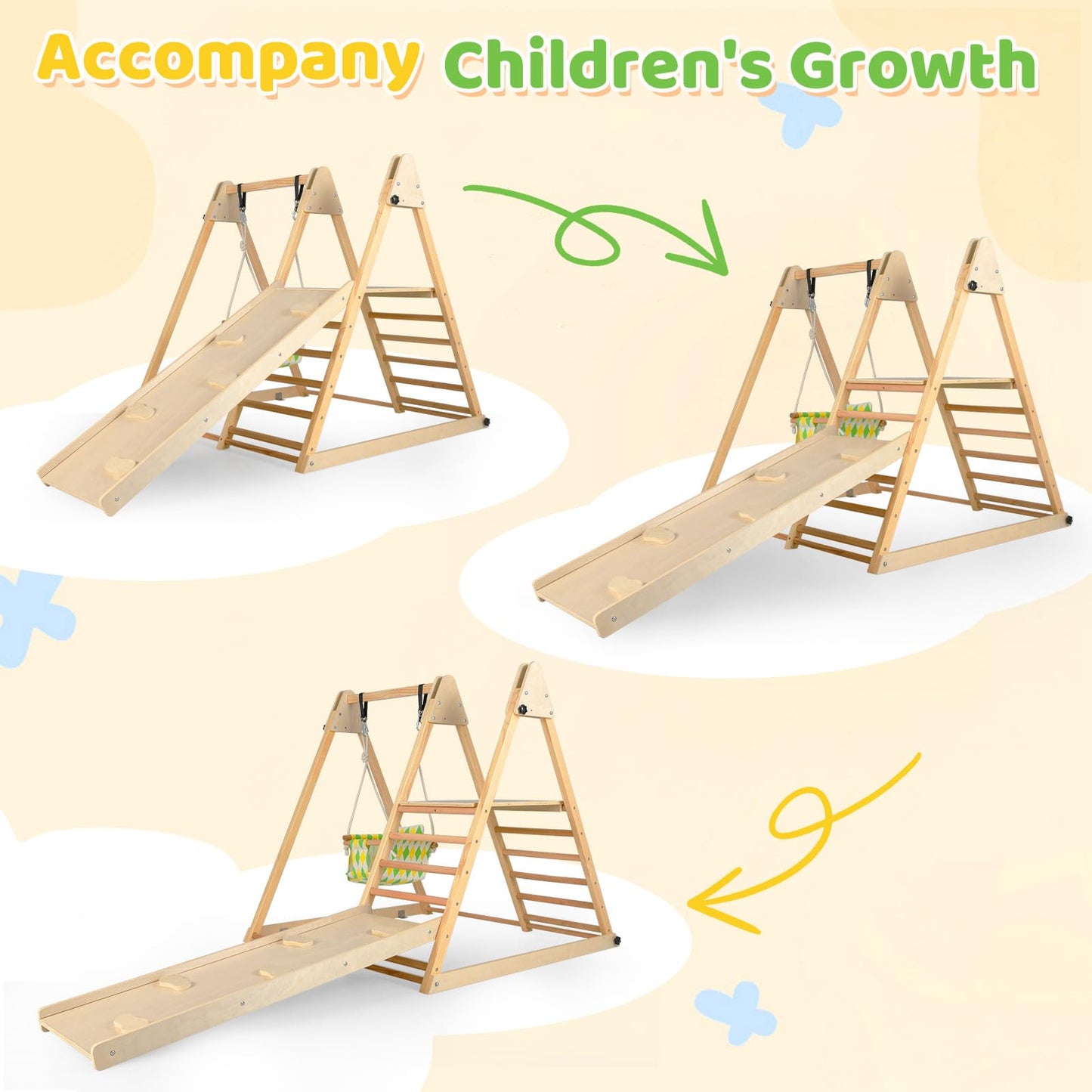 OLAKIDS Indoor Jungle Gym, 3 in 1 Wooden Foldable Montessori Toddler Climbing Toys with Adjustable Baby Swing Ramp Ladder