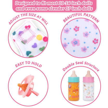 CARANOVO Baby Doll Accessories Set – 7 Pcs Feeding Bottle Toys, Magic Disappearing Milk & Juice, Pretend Play Set with Pacifiers, Reusable Bibs and Diapers, Kids Gift