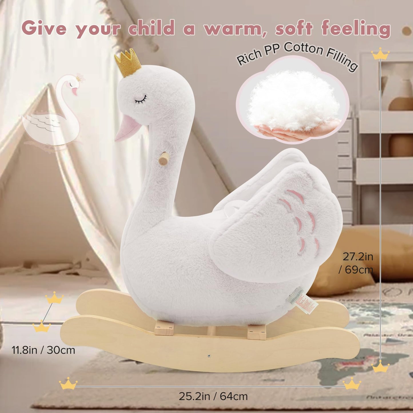 labebe Kids Rocking Horse White Swan, Stuffed Animal Wooden Rocker for Children 6 Months Boys and Girls/Nursery Christmas, Birthday Gift (Rocking Swan)