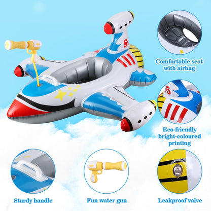 Baby Airplane Pool Float with Squirt Gun & Handle, Inflatable Toddler Swimming Boat for Kids Age 1-4, Summer Water Toy for Boys & Girls, Portable Swim Ring Ride-ons for Beach & Pool
