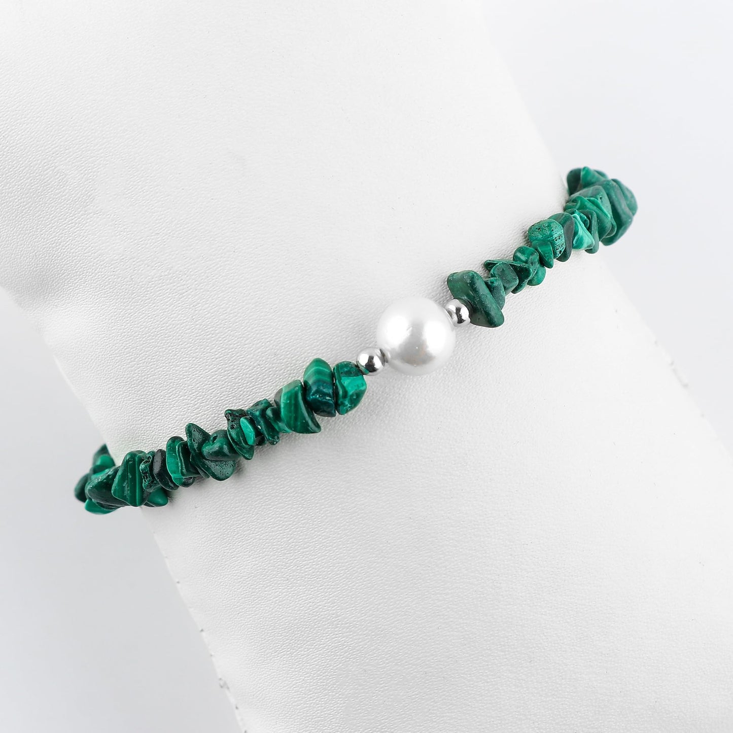 CRYSTALIS Natural Malachite Beads Slider Bolo Bracelet with Elegant Pearl, High Grade Nuggets Crystal, Chakra Healing Gemstone, Gift Giving Women Jewelry, 925 Sterling Silver Slider 10 inch