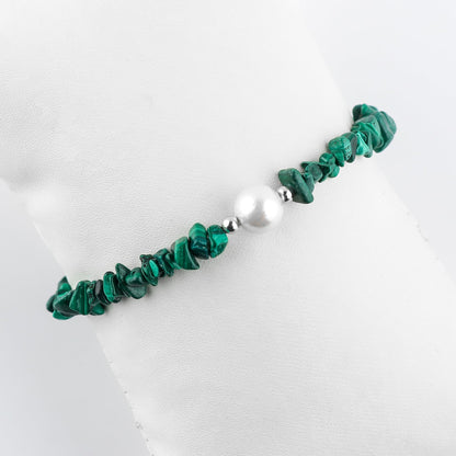 CRYSTALIS Natural Malachite Beads Slider Bolo Bracelet with Elegant Pearl, High Grade Nuggets Crystal, Chakra Healing Gemstone, Gift Giving Women Jewelry, 925 Sterling Silver Slider 10 inch
