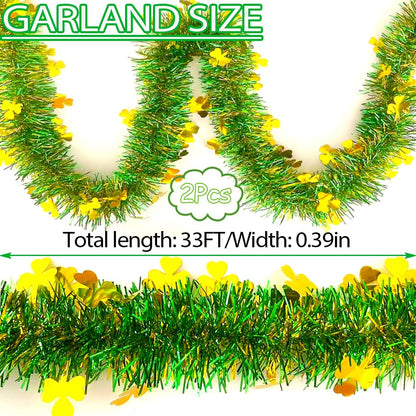 66 Ft St.Patrick's Day Tinsel Garland Decorations Shiny Thick Green Garland with Gold Shamrock Design Irish Holiday Clover Hanging Decor for Home Indoor Outdoo Saint Patrick's Day Party Supplies