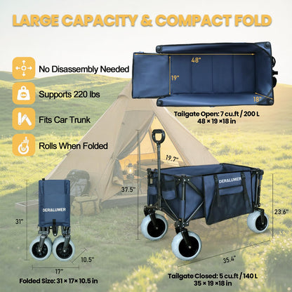 Deralumer X900 Beach Wagon for Sand with 9"×4" Big Wheels, Extra Large Heavy Duty Folding Wagon with Expandable Tailgate & Side Bag, All Terrain Collapsible Utility Cart (X900 9×4" PU Wheels)