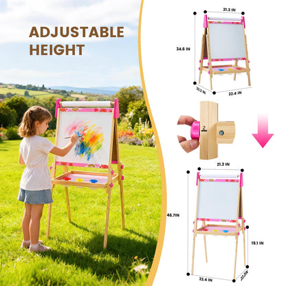 DUMOS Kids Easel Set with Paper Roll, Adjustable Height Wooden Double-Sided Magnetic Chalkboard & Whiteboard Art Station for Ages 3+, Dry Erase Board, Gift Idea with Accessories for Girls and Boys