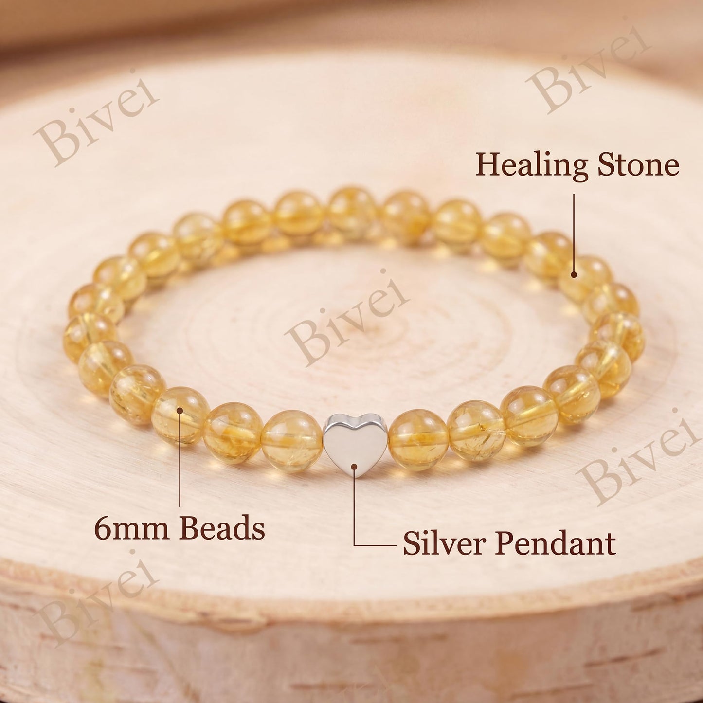 Bivei 6mm Citrine Crystal Stretch Bracelets for Women, Handmade Natural Stone Beaded Bracelet, Yoga Protection Jewelry Gift