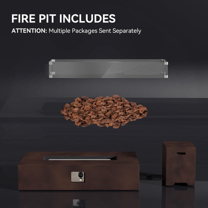 COSIEST 2-Piece Outdoor Propane Fire Table Set, Rectangle Concrete 56" x 28" Bronze Fire Pit (Certified, 50,000 BTU) w 20lb Tank Table, Wind Guard, Waterproof Cover for Garden, Porch, Backyard