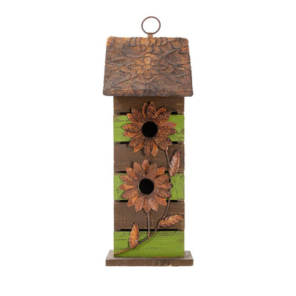 Glitzhome Bird Houses for Outside, 14.45" H Wooden Garden Hanging Bird House Two-Tiered Distressed with Flowers Decorative Birdhouse for Outdoors