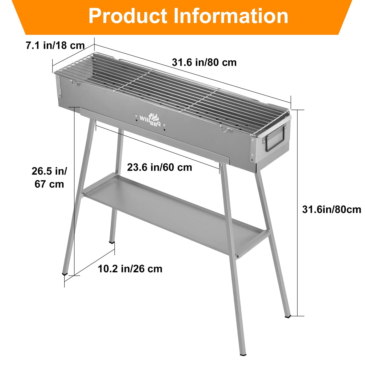 WILLBBQ Charcoal Grills Commercial Quality Portable Hibachi BBQ Lamb Skewer Detachable‌ Camping Barbecue Grill for Backyard Outdoor Cooking Use(31.6x7.1x5.1 inch)