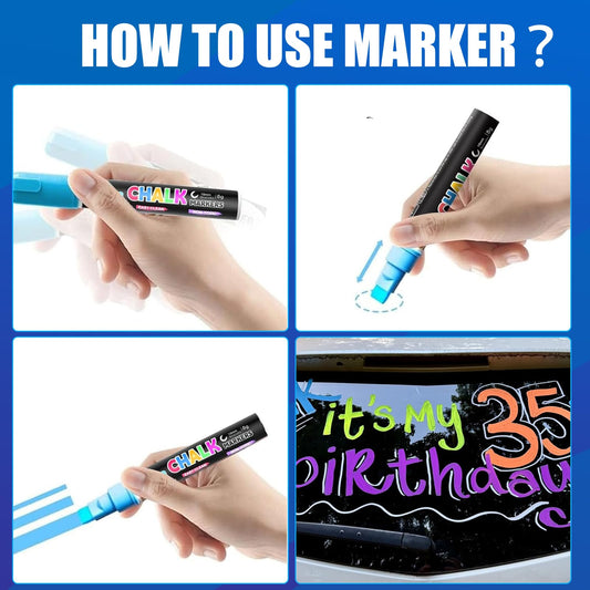 Window Chalk Markers for Cars Glass Washable, 16 Colors Jumbo Liquid Chalk Marker Pens with 10mm 3 in 1 Nib Wide Tips, Big Chalkboard Markers Car Window Paint Pens for Auto, Bistro, Mirror, Poster