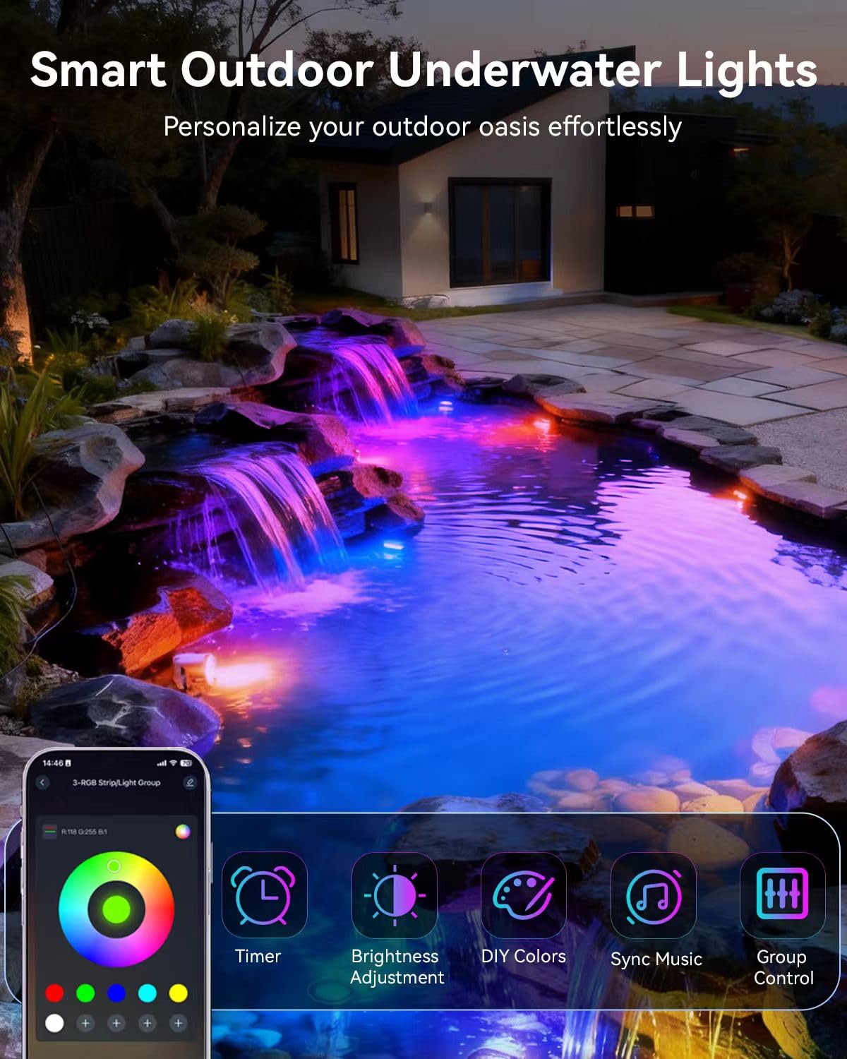 OSREE All in One RGB Underwater Pond Light Kit with APP, 6W IP68 Waterproof Fountain Light with 12V Transformer, Pond Lights LED Underwater for Large Pond Stream Fountain Water Feature, 51FT, 4Pack