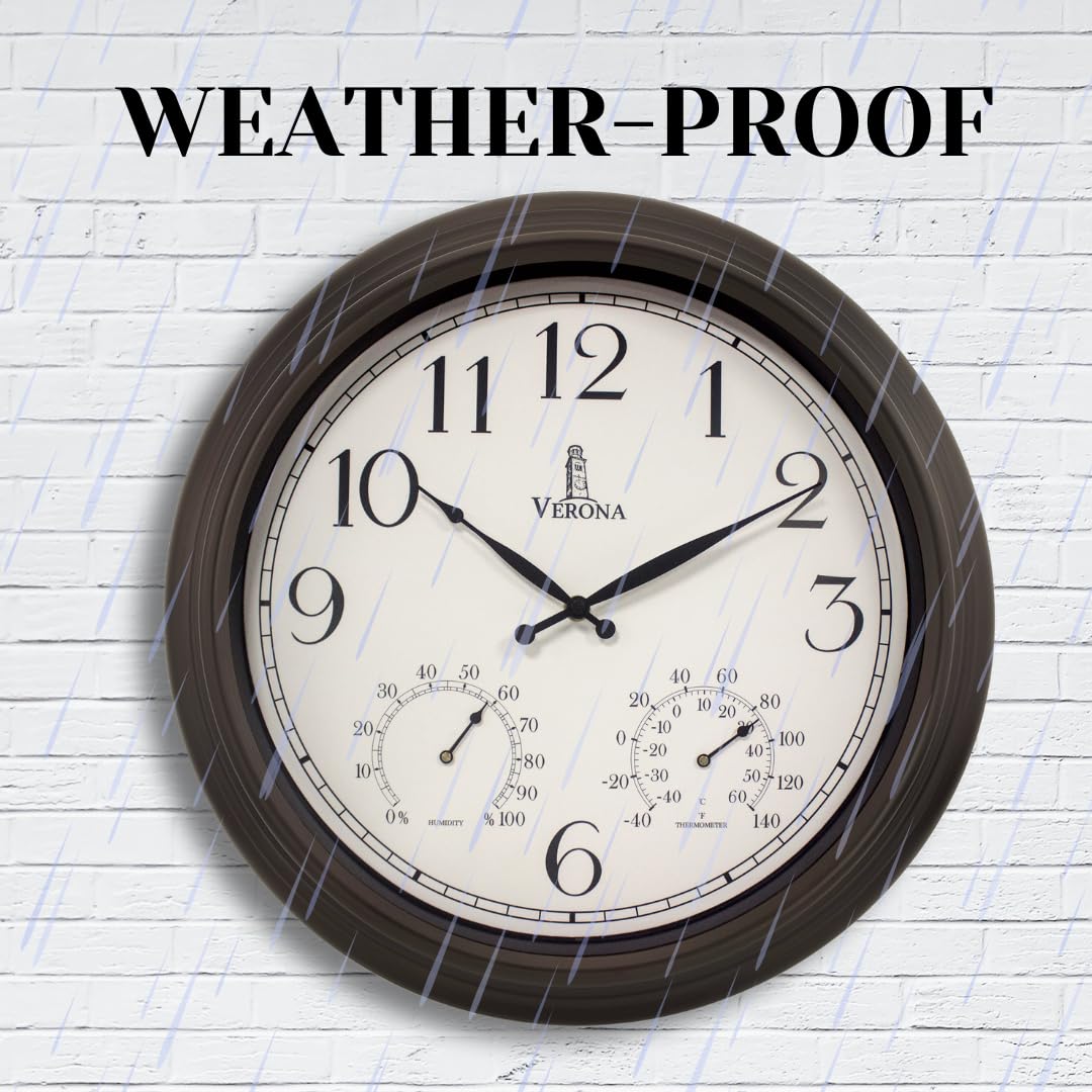 18 inch Outdoor Clocks for Patio Large Waterproof with Thermometer - Black Indoor Outdoor Clock with Temperature and Humidity for Wall - Weatherproof, Accurate & Easy to Read for Pool, Patio & Garden