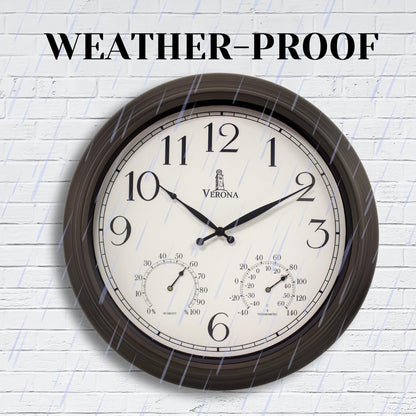 18 inch Outdoor Clocks for Patio Large Waterproof with Thermometer - Black Indoor Outdoor Clock with Temperature and Humidity for Wall - Weatherproof, Accurate & Easy to Read for Pool, Patio & Garden