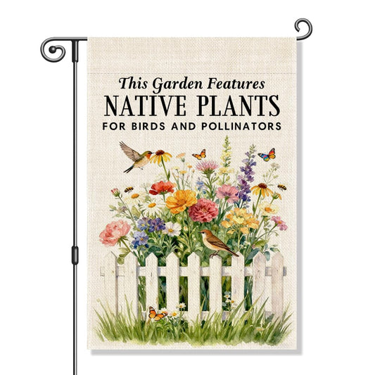 Vgrti This Garden Features Native Plants for Birds and Pollinators Garden Flag, Pollinator Friendly Yard Sign, Gardening Flag Gifts for Hummingbird Lovers, Welcome Yard Farmhouse Spring Outdoor Decor