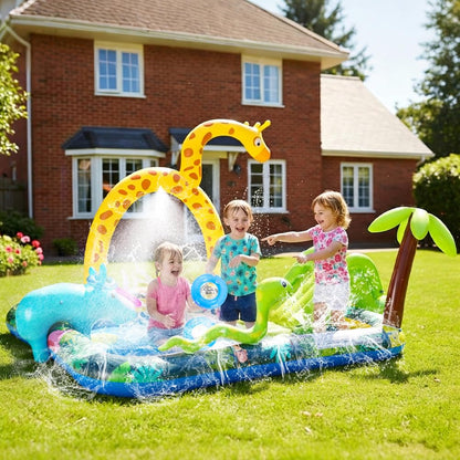 Inflatable Jungle Animal Play Center, Inflatable Water Park Kiddie Pool with Slide, Water Sprayer for Summer Outdoor Splash, Backyard and Garden 102.5" x75" x 54.5"