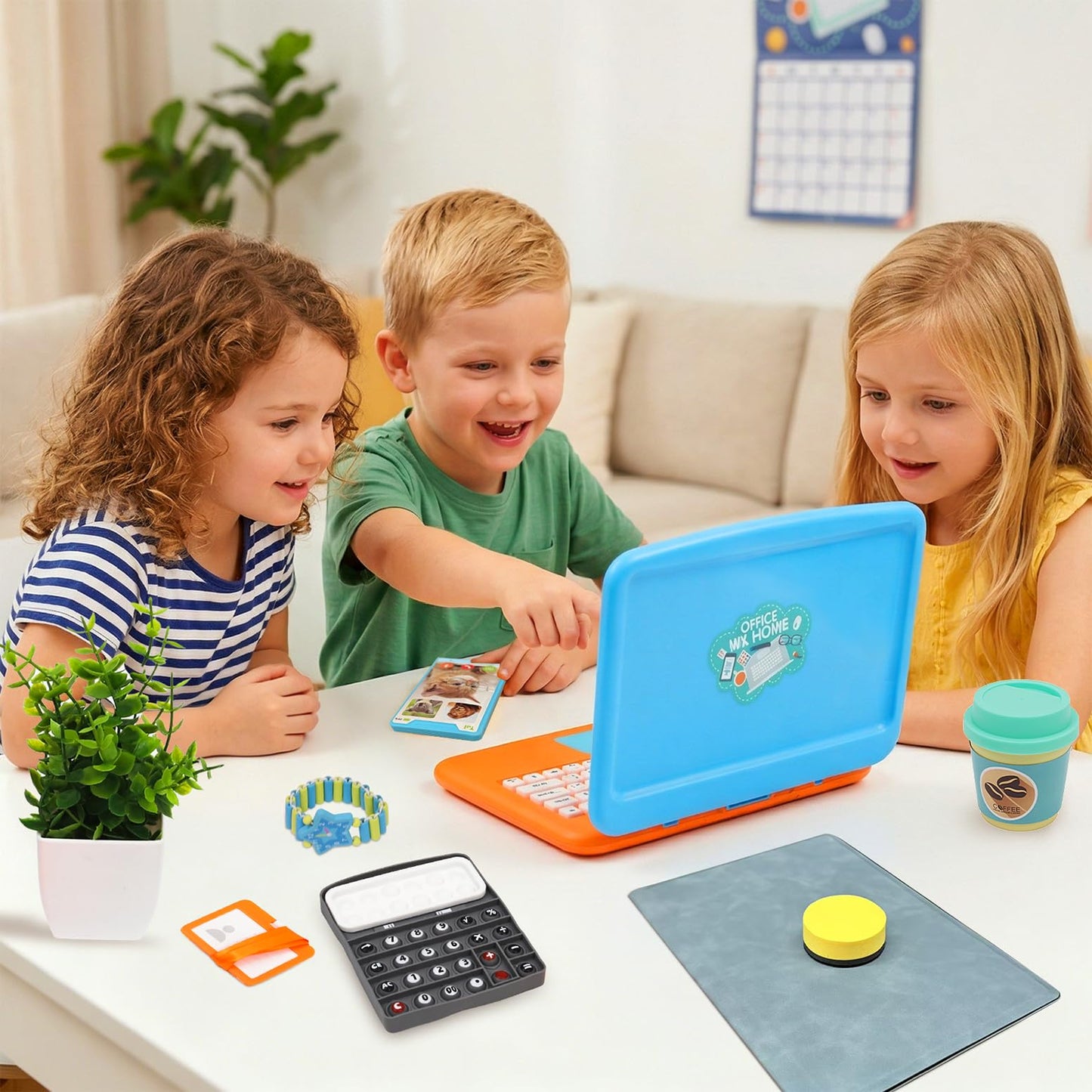 XIAPIA 10 Pcs Pretend Play Home Office Toys, Pretend Play for Toddlers 3-5-7, Pretend Play Sets with Kids Laptop, Pop-Up Calculator, Notebook, Watch, Coffee & Plant, Birthday Gift for 3 4 5 6 7 Year