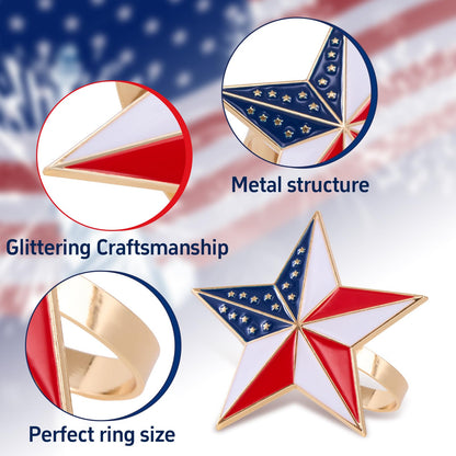 APTWOW 4th of July Patriotic Napkin Rings Set of 6, Gold Star Napkin Holder for 250th Anniversary Independence Day Napkin Ring America Napkin Ring for Dining Table Decor