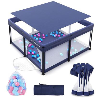 Foldable Baby Playpen for Babies and Toddlers, 50x50 Inch Portable Play Yard, Collapsible Play Pen with Mat, Visible Mesh, 50 Ocean Balls, Indoor/Outdoor Baby Fence Activity Center for Home