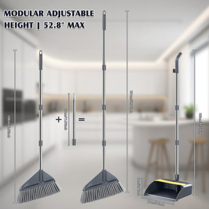Broom and Dustpan Set for Home with 52 Inch Long Angled Handle - Stand Up Dustpan No Warping Metal Edge, Ergonomic Sweeping, 4 Layer Bristles and Hair Cleaning Teeth for Kitchen Office