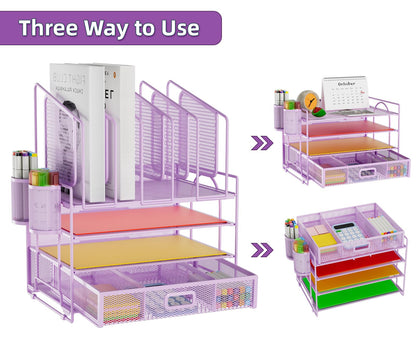 Marbrasse Desk Organizers, 4-Tier Mesh Desk File Organizer with 5 Vertical File Holders and 2 Pen Holders, Multifunction Desktop Organizer,Desk Organizers and Accessories for Home Office (Purple)