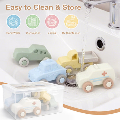Vanplay Silicone Baby Car Toys with Storage Box - Soft Teething Toys for Babies 6-12 Months, One-Piece Design Push & Pull Baby Toys for Toddlers, Birthday Gifts for Boys Girls（4 PCS）