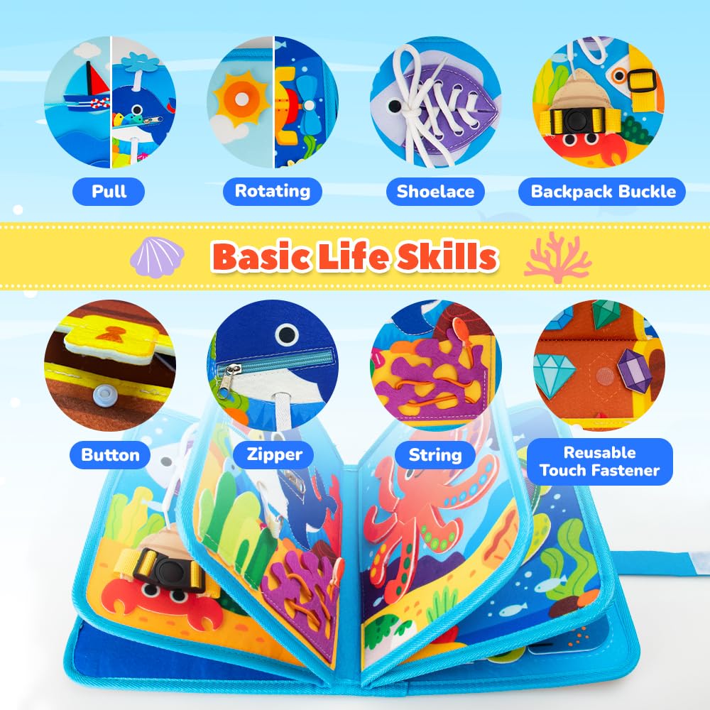 Mootop Busy Book for Toddlers, Busy Board Felt Quiet Book for Baby Sensory Board Learning Activities Travel Toys for Fine Motor Skills, Quiet Book with Life Skills, Cognition, Sorting, Matching