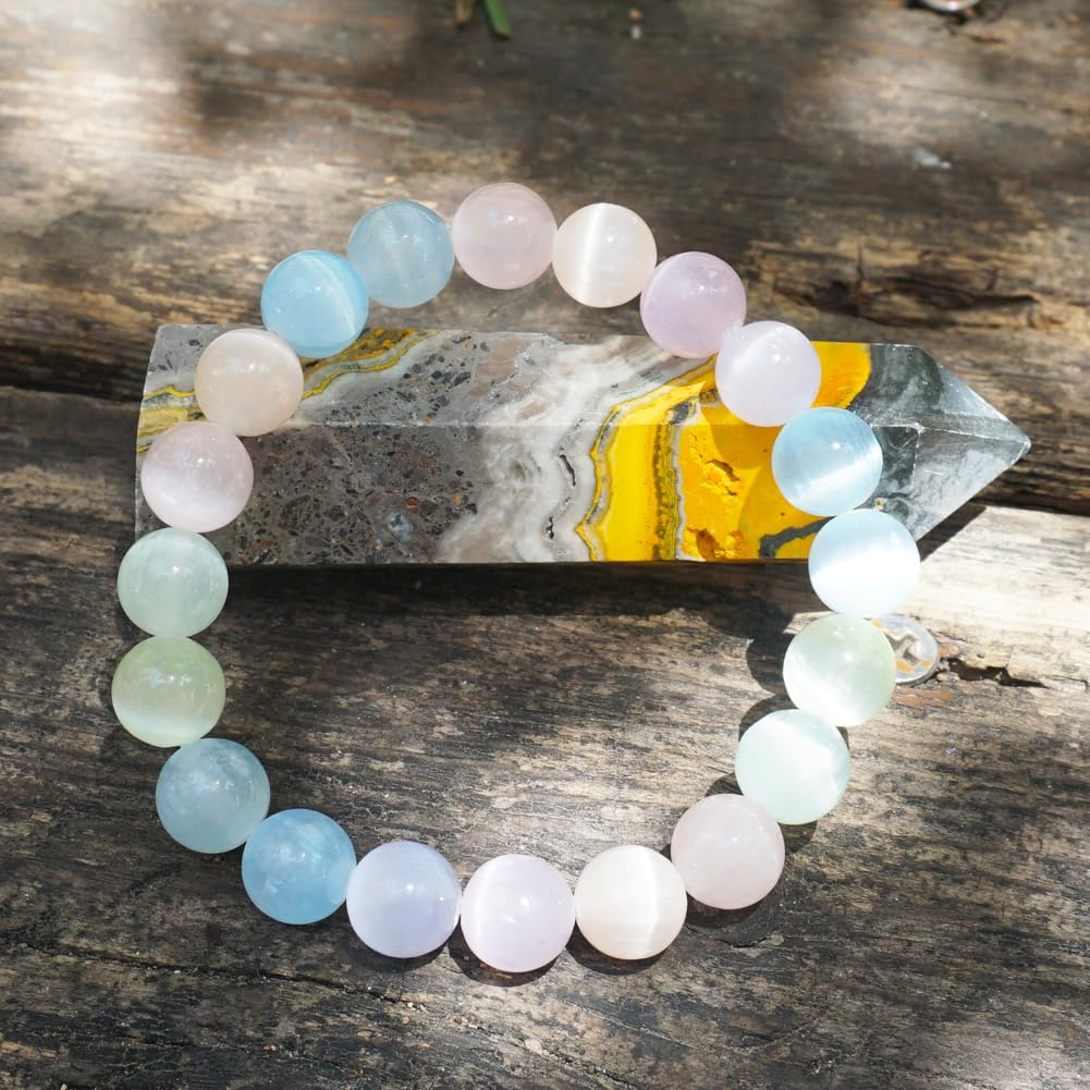 10mm Macaron Selenite Bracelet - Multi-Color Natural Crown Chakra Crystal | Handmade Sweet Color Meditation Bracelet with Cat-Eye Effect | Beading Tool Kit - Adjust to 6.5-7.5 inches Wrist Size