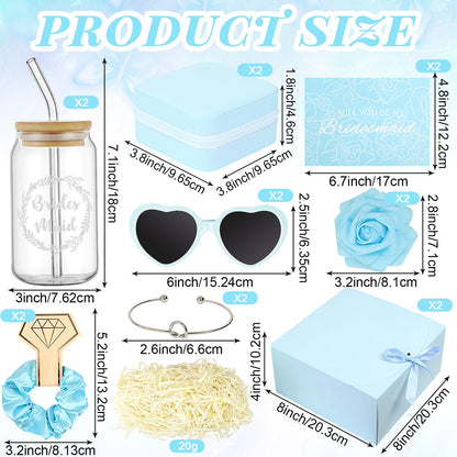HOMENERGY Bridesmaid Proposal Gifts Set 2 - "Will You Be My Bridesmaid Kit with Elegant Box Jewelry Box Glass Cup Invited Cards Knotted Bracelets Sunglasses Scrunchies Raffia Grass (Blue, 18Pcs)