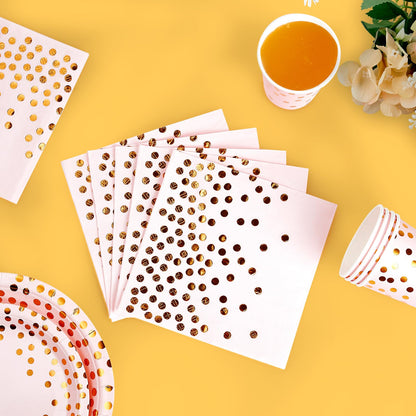 Pink and Gold Party Supplies - 350 PCS Disposable Dinnerware Set - Pink Paper Plates Napkins Cups, Gold Plastic Forks Knives Spoon for Graduation, Birthday, Thanksgiving, Cocktail Party