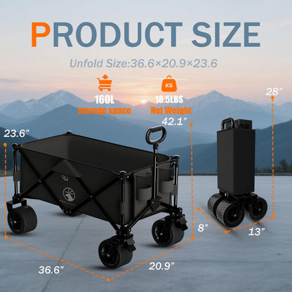 Littadeer Wagons carts Foldable with Silent All-Terrain Wheels, Collapsible Heavy Duty Beach Wagon with Cup Holders and Brakes, Large Foldable Wagon for Camping,Garden,Shopping,Sports Black
