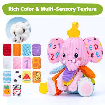 Baby Girl Toys 0-6 6-12 Months, Sensory Musical Toddler Toy for 3 4 5 6 7 8 9+ Months, Pink Elephant Plush Infant Toy with Teether, Crinkle, Rattle Baby Mirror for Tummy Time Newborn