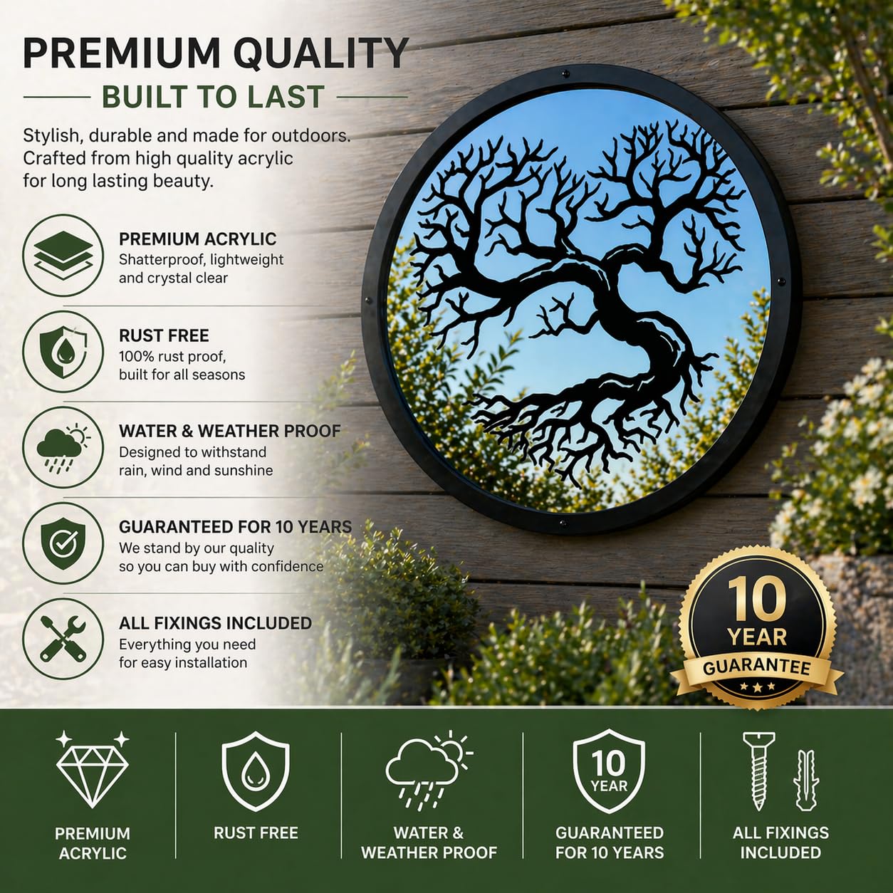 Sun Catcher Garden Decor Heart Shaped Garden Mirror Range of Sizes Round Framed Mirror Outside Rust Resistant Acrylic Fixings Included Gift (42cm / 16.5 inch)