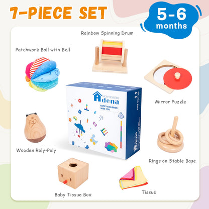 Adena Montessori Play Kit for 5-6 Months Baby,8 in 1 Learning Educational Toys for Toddler,Include Rainbow Spining Drum,Mirror Puzzle,Baby Tissue Box and More,Christmas Birthday Gift for Boys Girl