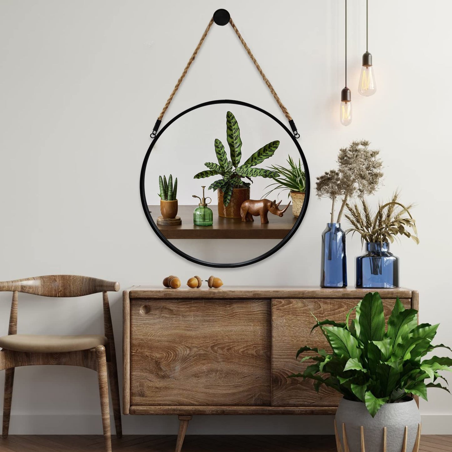 POZINO Round Mirror, 15" Rope Hanging Mirror, Farmhouse Circle Mirrors, Black Metal Frame Wall Mirrors for Bathroom, Bedroom, Living Room, Entryway, Fireplace, Home Decor
