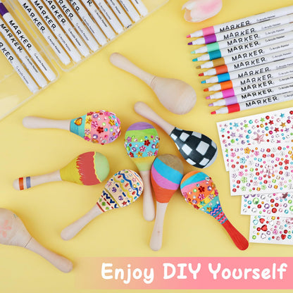 15 PCS Mini Wooden Maracas for Kids, Unfinished DIY Maracas with Multicolor Pens and Gem Stickers for Mexican Fiesta Cinco De Mayo Painting Shakers Baby Musical Toys Birthday Party Favor Supplies