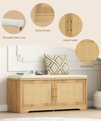 Zeibospri Rattan Shoe Storage Bench with Cushion, 39.4" Wide Entryway Bench with Adjustable Shelf, Hidden Shoe Organizer Cabinet, for Hallway, Living Room, Bedroom, Natural Oak
