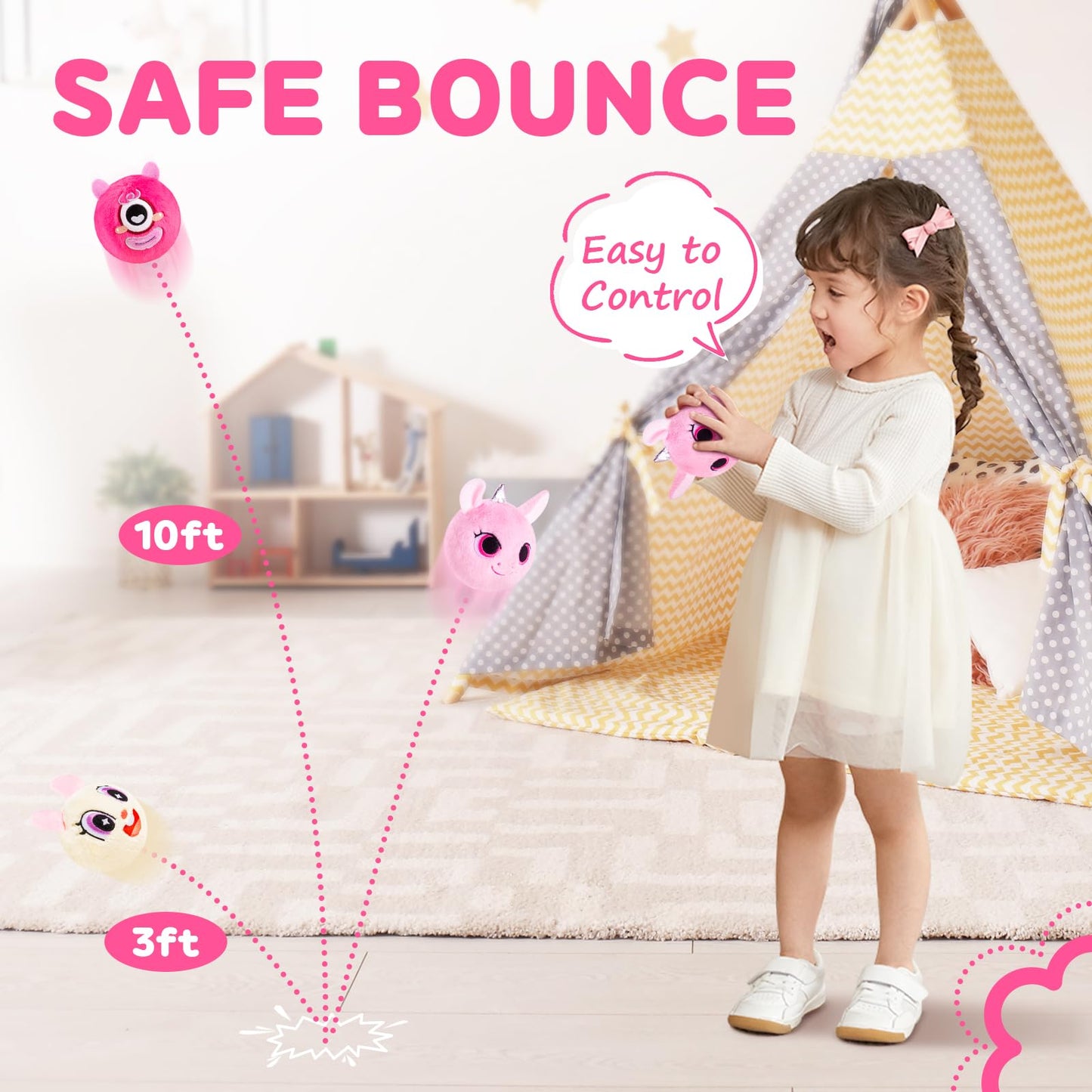 PlayZap Bouncy Balls 3" Big with Stuffed Animal 3 Pack - Soft Balls for Toddlers & Babies Plush Cover BPA-Free, Sensory Toys - Cute Bunny Shark Unicorn Design Ideal Gifts for Boys Girls