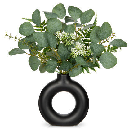 Artificial Eucalyptus Stems in Ceramic Vase 14.23" Fake Eucalyptus Plant Decor Black Donut Vase with Greenery Centerpiece Table Decorations Small Faux Green Plant for Home Farmhouse Wedding Table