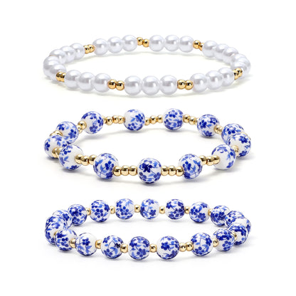 Dainty Pearl Beads Bracelet for Women Blue And White Vintage Ceramics Flower Bracelet Handmade Stretch Cute Beaded Romantic stackable Jewelry Gifts