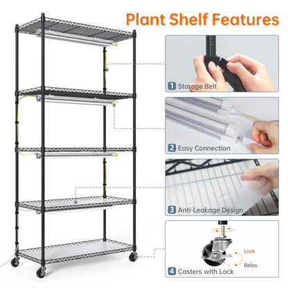 Bstrip Plant Shelf with Grow Light, 5-Tier Plant Stand with T8 24W Grow Light for Indoor Plants with Wheel, Grow Light Shelf with Timer for Indoor Plant, Seedling, Seed Starting, 29.5x13.8x59IN