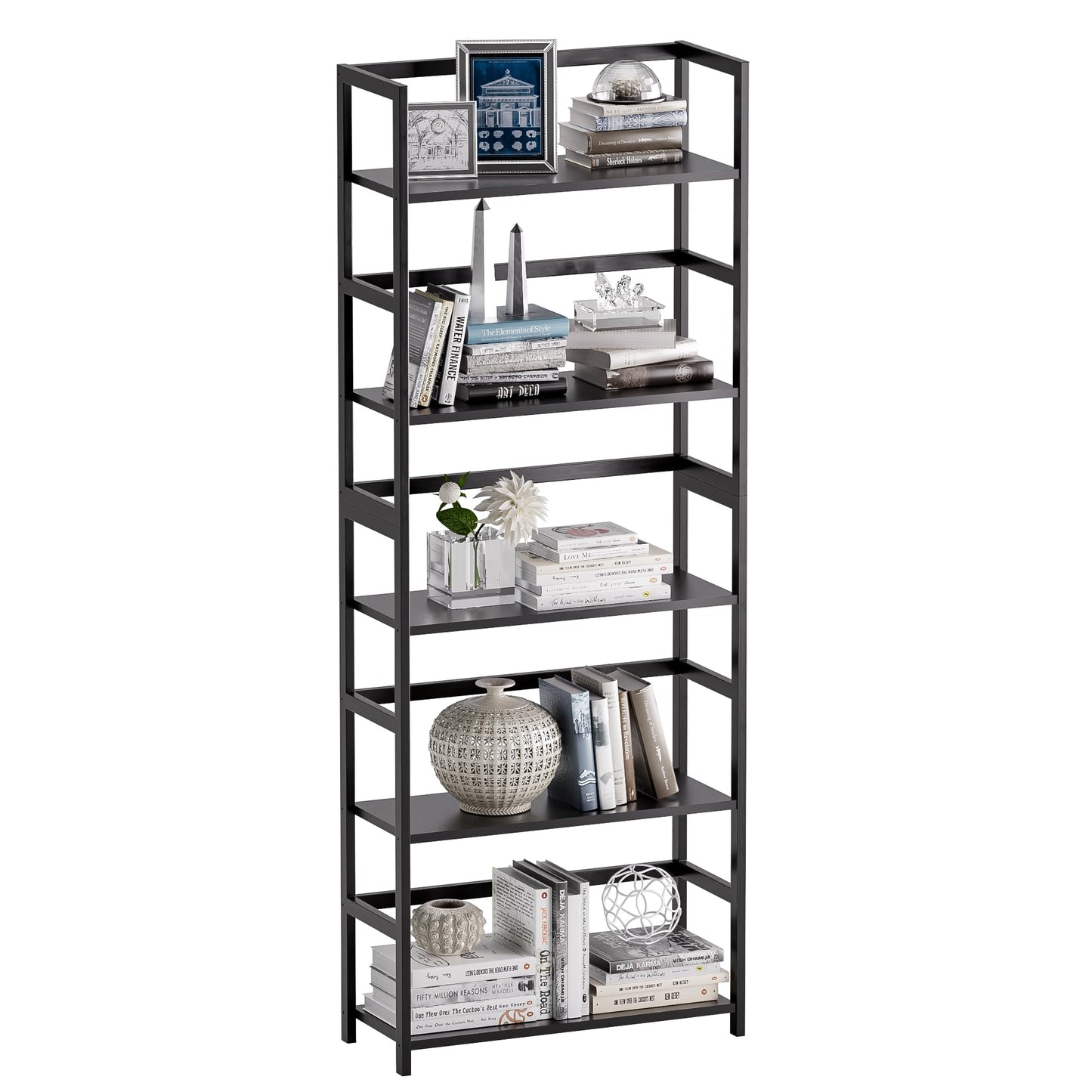 vovala 5-Tier Bamboo Wood Ladder Bookshelf, Tall Display Storage Shelf, Large Bookcase Modern Industrial Stand Organizer for Home, Office, Living Room, Kitchen, Bedroom, Black