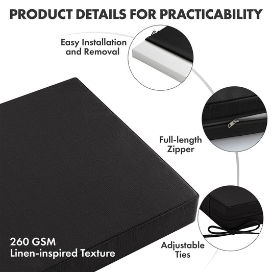 MIULEE Black Outdoor Dining Cushion 20x20 Inch Waterproof & 3 Year Color Fastness Deep Seat and Back Cushion for Patio Furniture Chair with Ties