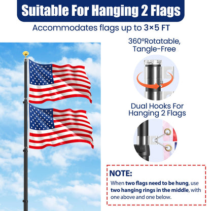 20FT Tailgate Flag Pole with Tire Mount, Fits RV Pickup SUV Sedan, Portable RV Flag Pole with 20" High-Density Foam Protective Tube, Thickened Aluminum Flag Pole with an Flag, 60 MPH, Dual Flag Mount