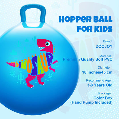 ZOOJOY Hopper Ball for Kids,18Inch Bouncy Ball with Handle - Blue Dinosaur Toys for 3-8 Years Old Boys Girls with Pump, Inflatable Toddler Bouncer Gifts for Indoor Outdoor Active Play
