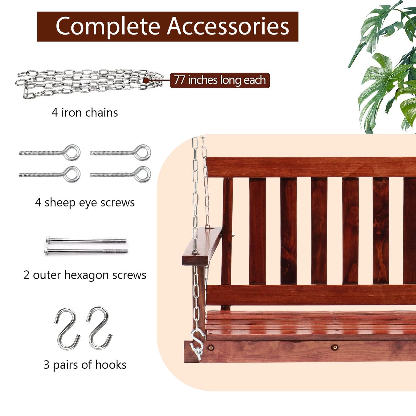 Outdoor Wooden Porch Swing 4Ft Patio Porch Swing Bench 800 LBS Load-Bearing Capacity Swing Chair Two-Person Seating with Adjustable Hanging Chains, Durable Swing Bench for Courtyard, Garden, Backyard