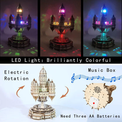 3D Wooden Puzzle for Adults Castle City in the Sky Music Box Puzzle Kit, 521 Pieces LED Light & Rotating Base DIY Mechanical Building Kit for Adults & Teens, Unique Home Decor & Creative Gift Idea